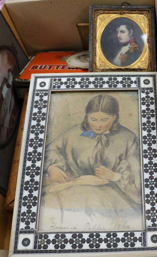 Florence Pedder, watercolour of a girl, two damascus ware pictures frames and sundries, 16 x 10cm